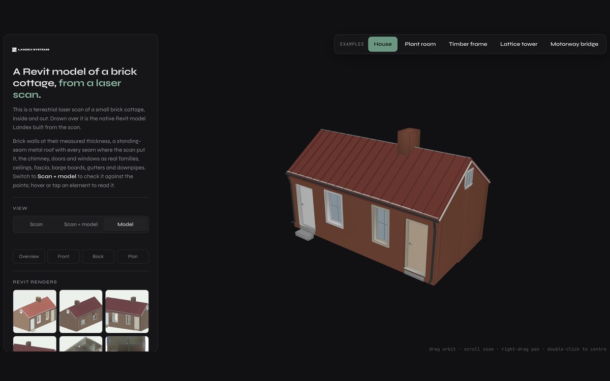 The BIM showcase: a brick cottage rebuilt as a Revit model with its roof, chimney, doors, windows and gutters